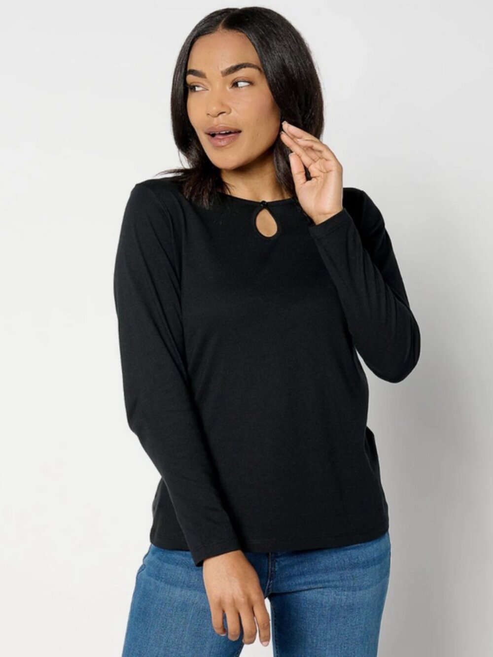Denim & Co. Essentials Luxe Jersey Long Sleeve Keyhole Top Black Size XL